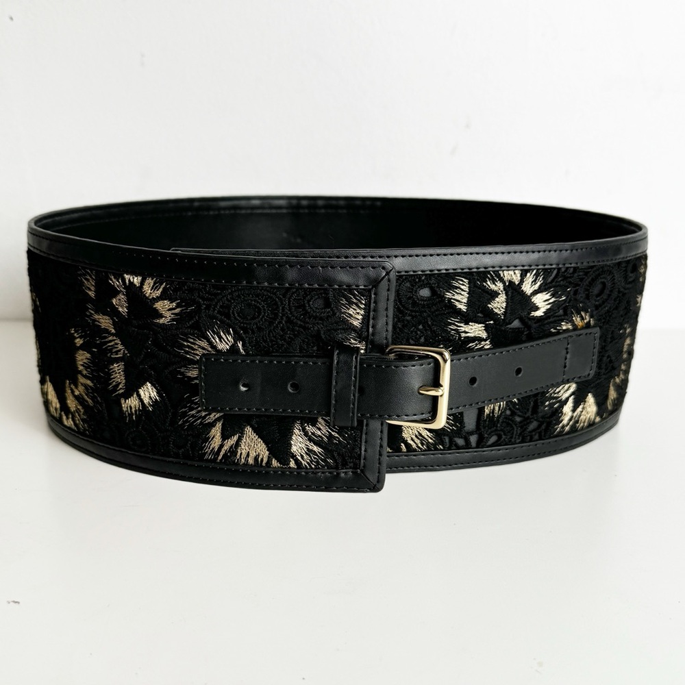 Black Embroidered Wide Waist Belt with Gold Accent